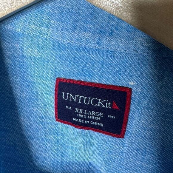 Untuckit Shirt Mens XXL Teal Blue Button Up Long Sleeve Linen Pocket Casual - Picture 3 of 9